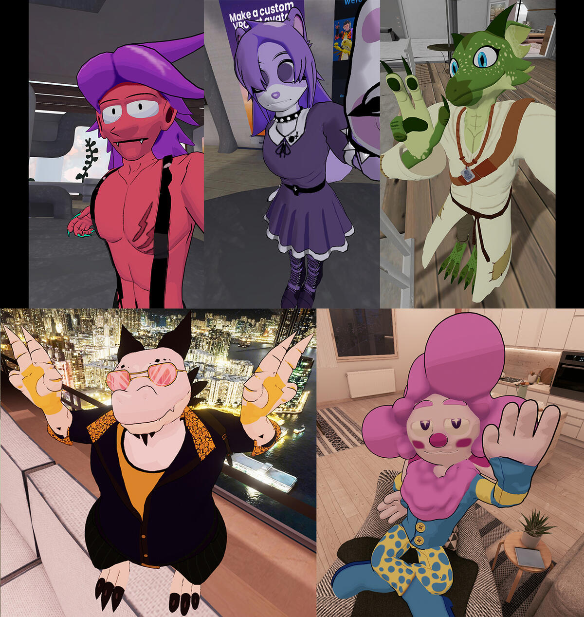 A collage of models screenshotted in VRChat, each over 20,000 triangles in polygon count.